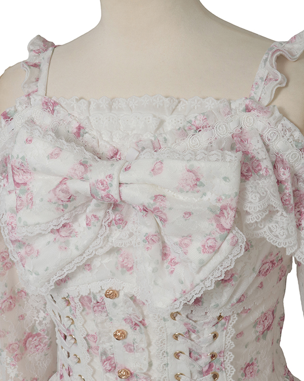 【店舗限定】LIZLISAリズリサ　花柄　フリルワンピース　ピンク薔薇　レース 入手困難】LIZ LISA ローズ柄姫ワンピ♡編み上げ×レース フリル リボン