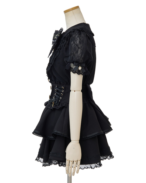 LIZLISA系♡ハシゴレース ポンポン ドットフロッキーポンチョ型ブラウス 黒 LIZLISA系♡ハシゴレース ポンポン ドットフロッキーポンチョ型