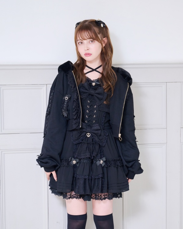 LIZLISA うさみみレースアップスリーブパーカー ブラック LIZLISA うさみみレースアップスリーブパーカーブラッ LIZ LISA