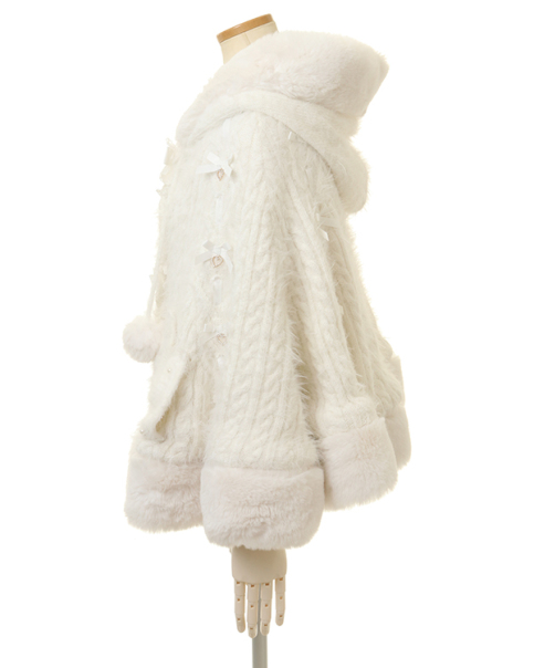 LIZLISA】ポンポンリボンニットファーポンチョ