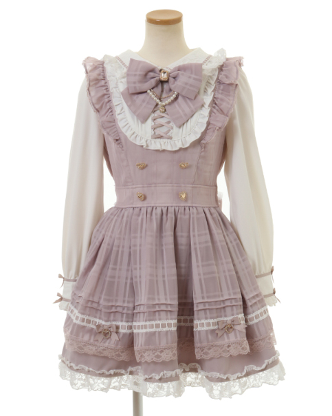 LIZLISA 編み上げ　リボン　チェック　エプロンワンピ　ネイビー LIZLISA 編み上げ リボン チェック エプロンワンピ ネイビー / 夏の